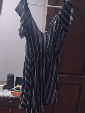 Xhilaration Black and White Striped Off-Shoulder Dress